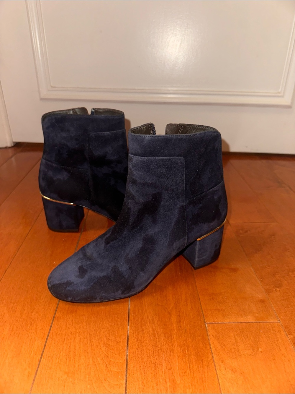 Cole Haan Navy Suede Ankle Booties with Gold Trim